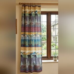 Rustic curtain panel with moose bears and mountains